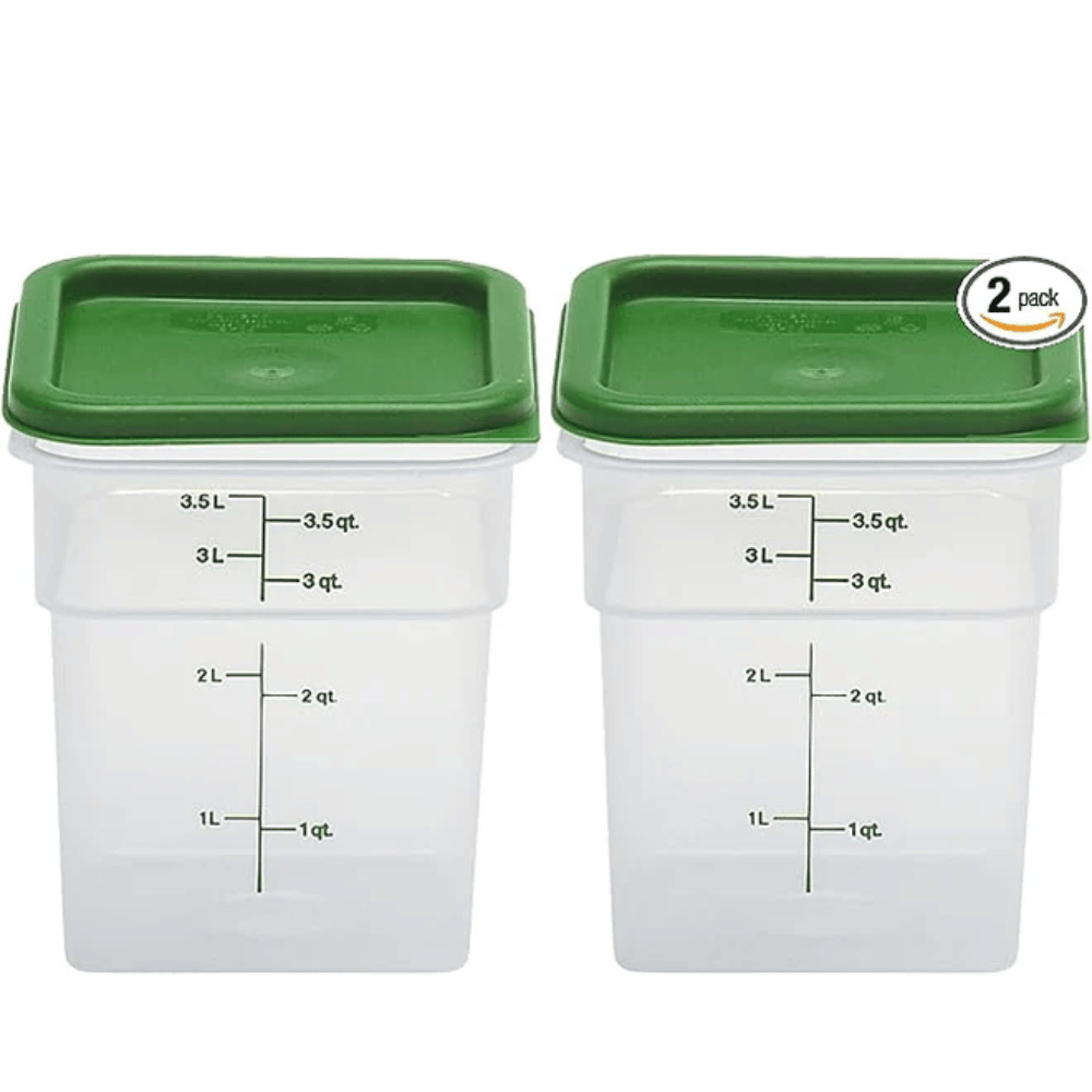 Cambro Food Storage Container with Lid (Microwave Safe and BPA-Free) - 2 Pack - Classic Series Square with Green Lid - 4 QT (Quart) - Commercial Grade for Food Prep (Translucent)