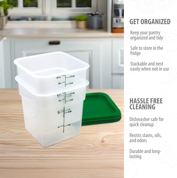 Cambro Food Storage Container with Lid (Microwave Safe and BPA-Free) - 2 Pack - Classic Series Square with Green Lid - 4 QT (Quart) - Commercial Grade for Food Prep (Translucent)