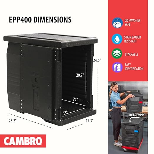 Cambro GoBox Insulated Lightweight Thermal Hot Box and Food Pan Carrier (EPP400 - Holds Four 4 Inch Pans) - Hotbox and Food Warmer for Catering & Transport - Front Load (Gray)